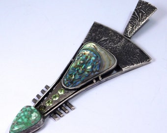 One Of A Kind Silver Abalone Artisan Peridot Modernist Pendant