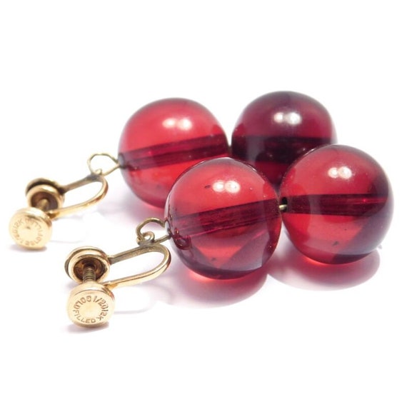 Vintage Cherry Amber Bakelite Earrings 12k Gf Scr… - image 3