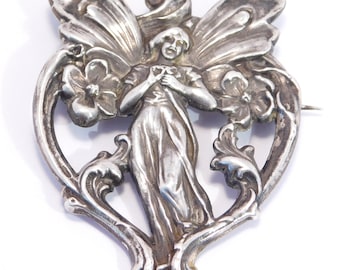 Fantastic Fairy Art Nouveau Sterling Silver Brooch