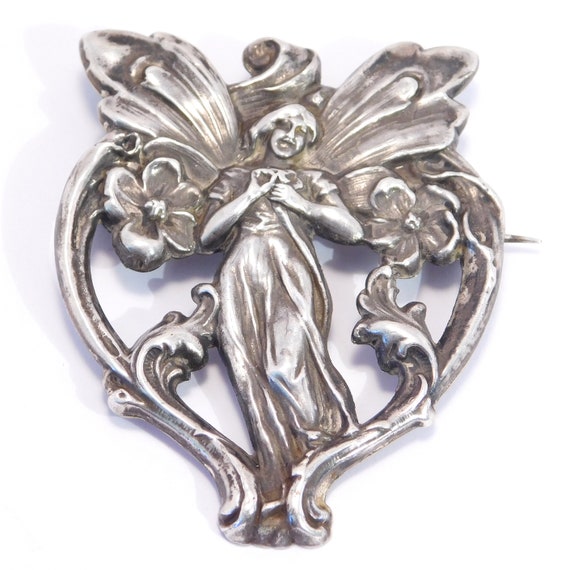 Fantastic Fairy Art Nouveau Sterling Silver Brooch