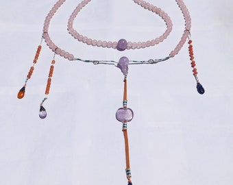 Antique Qing Chinese Imperial Court Necklace Silver Amethyst Coral Cloisonne
