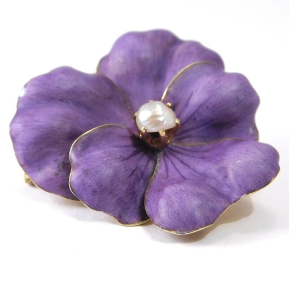 14k Victorian Enamel Pearl Pansy Brooch Matte Pur… - image 2