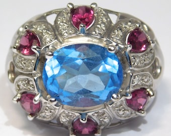 Fancy 10k Blue Topaz Diamonds Rhodolite Garnet Estate Ring