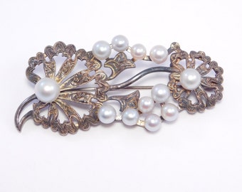 Ornate Silver & Baroque Pearl Brooch With Engraving