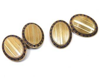 14k Art Deco Enamel Cufflinks Fine Engraved Signed