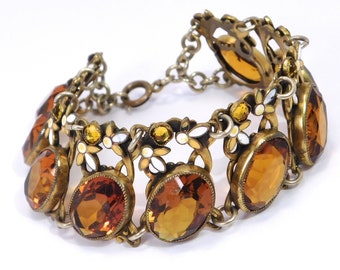 Czech Style Enamel Art Deco Amber Stone Floral Bracelet