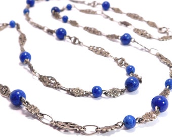 Ornate Old Italian Silver Lapis Chain Necklace Signed