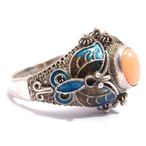 Silver Coral Enamel Filigree Moth Butterfly Ring … - image 3