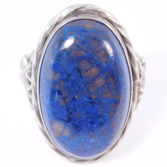 Old Sterling Silver Deep Blue Chalcedony Ring - image 1