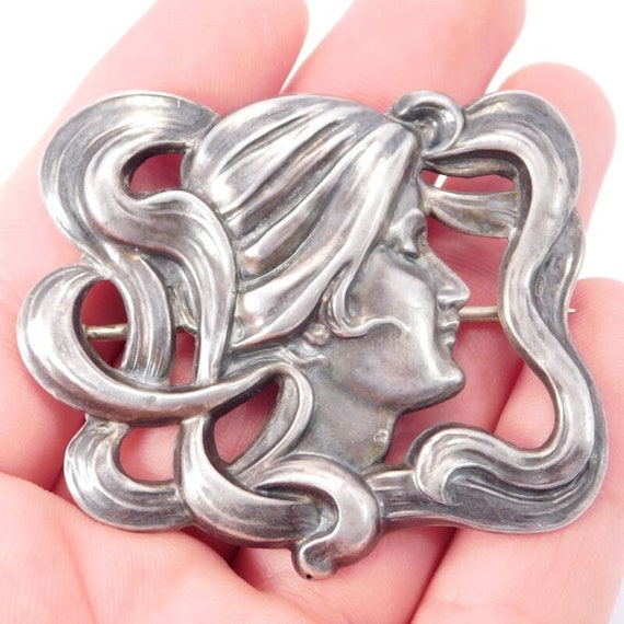 Oversize Classic Art Nouveau Lady Brooch Sterling… - image 5