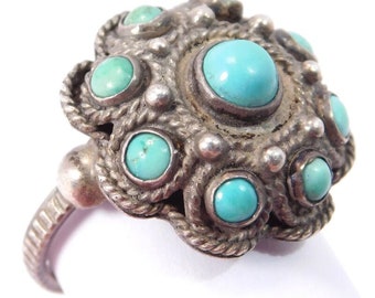 Italian Ring Persian Turquoise 800 Silver Etruscan Revival