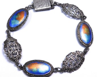 Arts & Crafts Era Bracelet Peacock Enamel Sterling Silver Sunshine