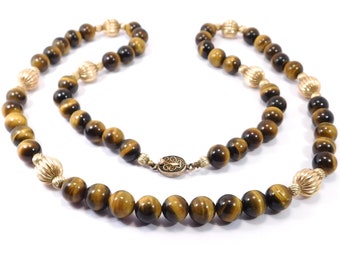 Beautiful Old Tiger Eye Beaded Necklace Chinese Gold Silver 10mm
