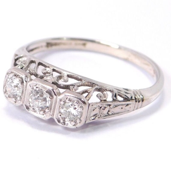 Edwardian 18k White Gold Diamond Filigree 3 Stone… - image 6