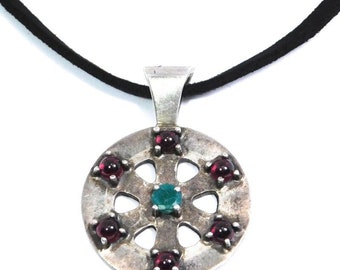 Mandala Pendant Sterling Silver Garnet Emerald