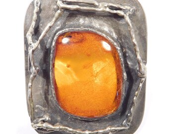 Large Modernist Amber Pendant Signed Sculptural 835 Silver