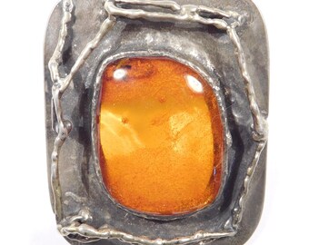 Large Modernist Amber Pendant Signed Sculptural 835 Silver