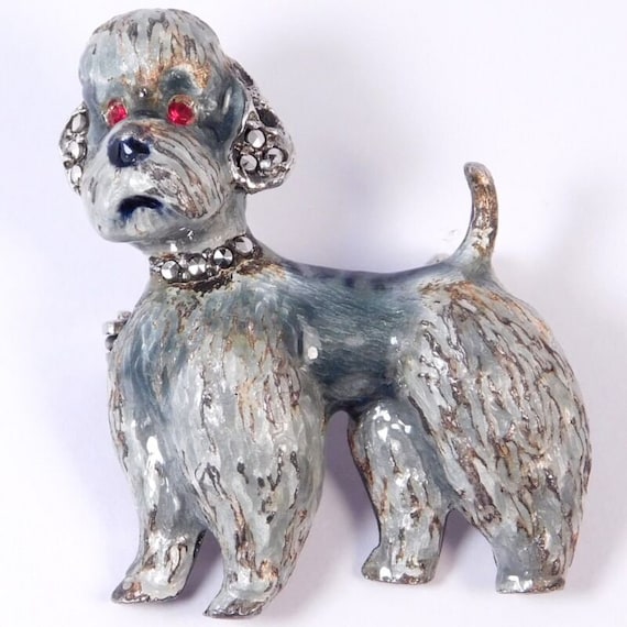 Vintage Sterling Silver Enamel Marcasite Poodle Br