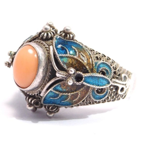Silver Coral Enamel Filigree Moth Butterfly Ring … - image 2