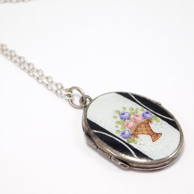 Art Deco Enamel Silver Guilloche Locket Floral - Etsy