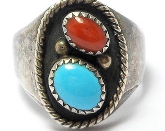 Navajo Guerro Turquoise Coral Silver Ring