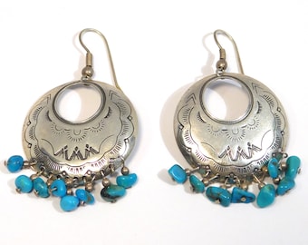 Relios Southwest Sterling Turquoise Stampwork Drop Earrings