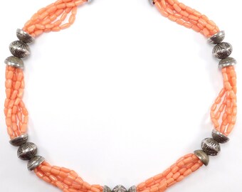 Southwest Silver Bench Bead And Coral Multistrand Necklace