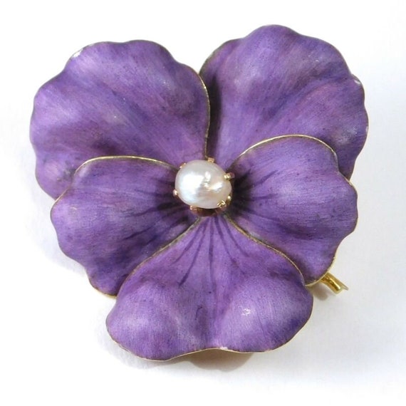 14k Victorian Enamel Pearl Pansy Brooch Matte Pur… - image 1