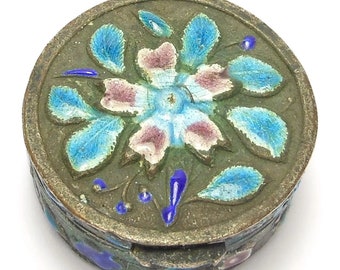 Antique Chinese Cloisonne Pill Box Silver Over Copper