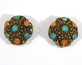 Chinese Gilt Silver Filigree Turquoise Coral Earrings