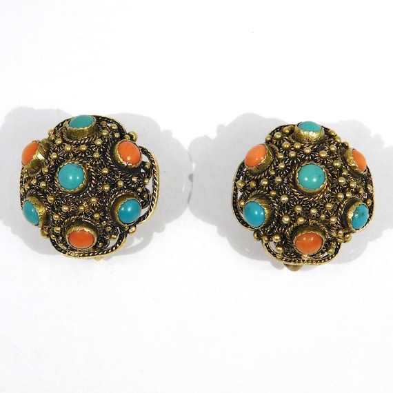 Chinese Gilt Silver Filigree Turquoise Coral Earri