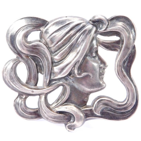 Oversize Classic Art Nouveau Lady Brooch Sterling… - image 2