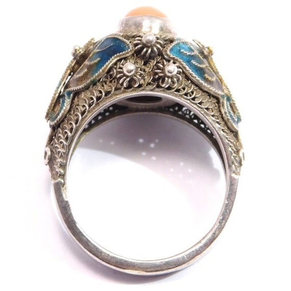 Silver Coral Enamel Filigree Moth Butterfly Ring … - image 4