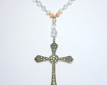 Sterling Deco Floral Cross W/Crystal & Coral Chain Beautiful