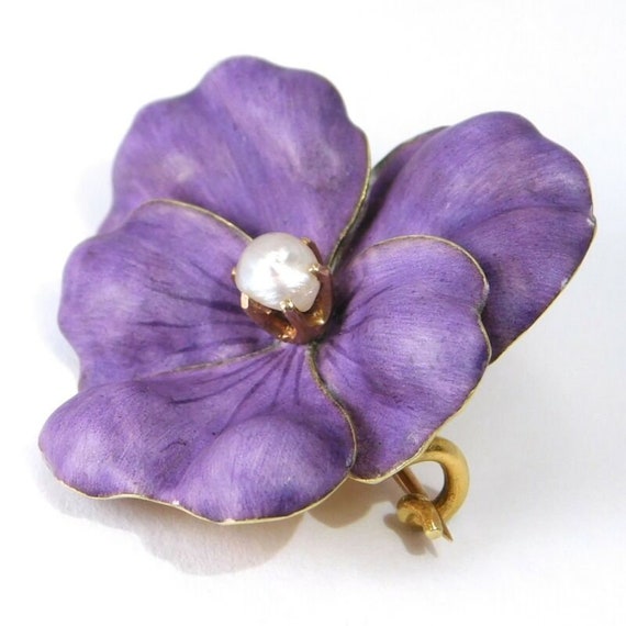 14k Victorian Enamel Pearl Pansy Brooch Matte Pur… - image 3