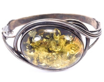 Modernist Bangle Bracelet Sterling Silver Green Amber