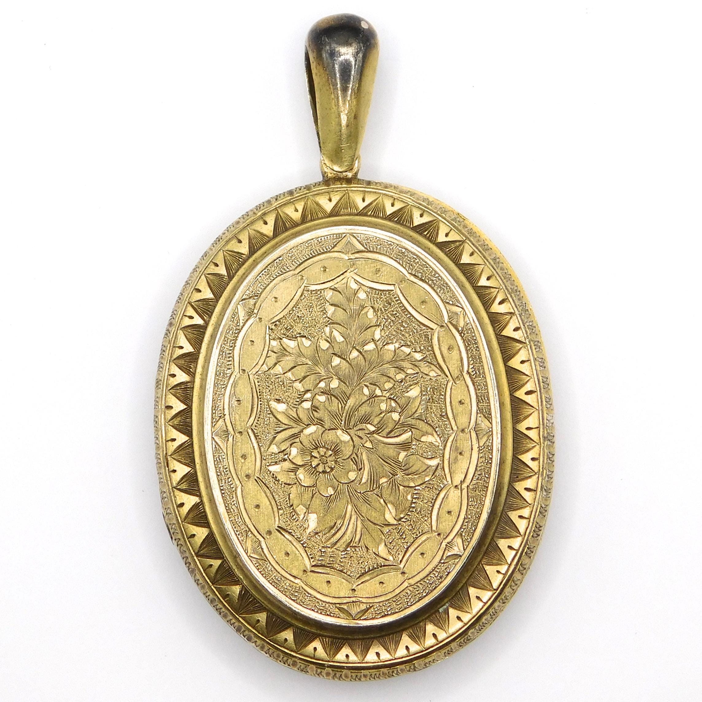 Magnificent Victorian Sterling Vermeil Locket With Hand-Engraved Florals