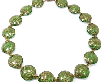 Sweet Venetian Bead Necklace Green Gold Flat Beads Rare