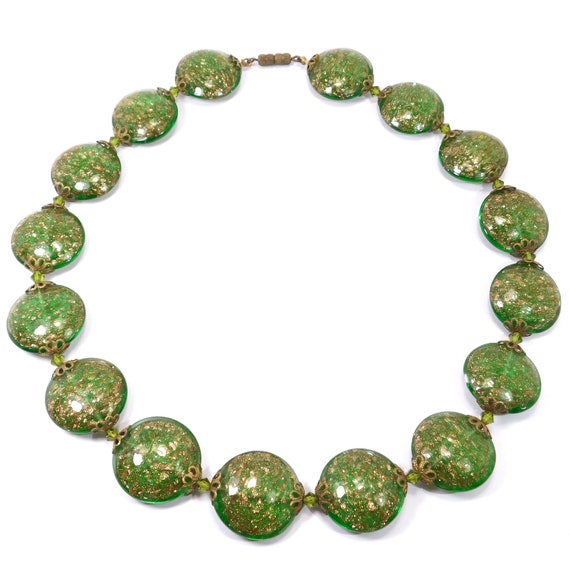 Sweet Venetian Bead Necklace Green Gold Flat Beads
