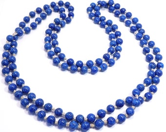 Super Long Lapis Aventurine Glass Beaded Necklace Hand Knotted