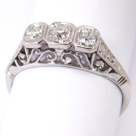 Edwardian 18k White Gold Diamond Filigree 3 Stone… - image 10