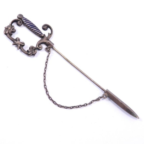 Antique Sterling Silver Enamel Jabot Sword Pin