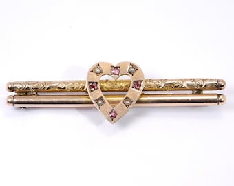 Sweet Victorian 9ct Gold Heart Seed Pearl Garnet Brooch