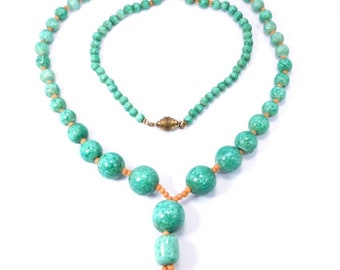 Art Deco Czech Necklace Green Glass And Coral