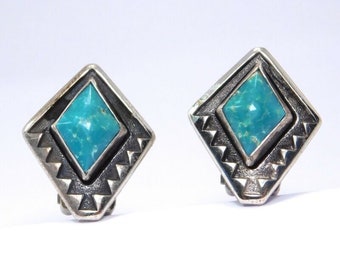 Simple Elegant Gem Turquoise Sterling Silver Clip Earrings