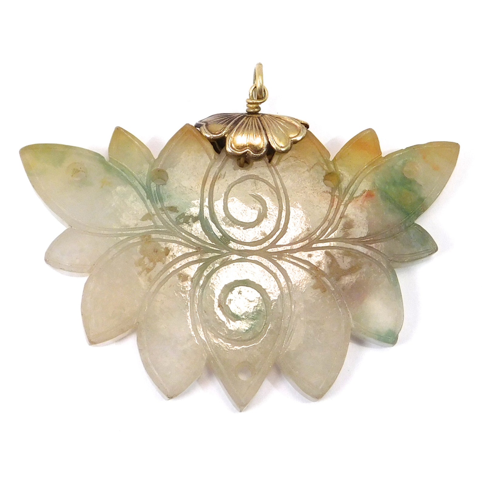 Antique Carved Natural Jade Lotus Pendant Silver Gilt Etsy