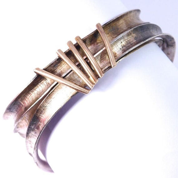 Modernist Bangle Bracelet 14k Sterling Silver Sig… - image 1