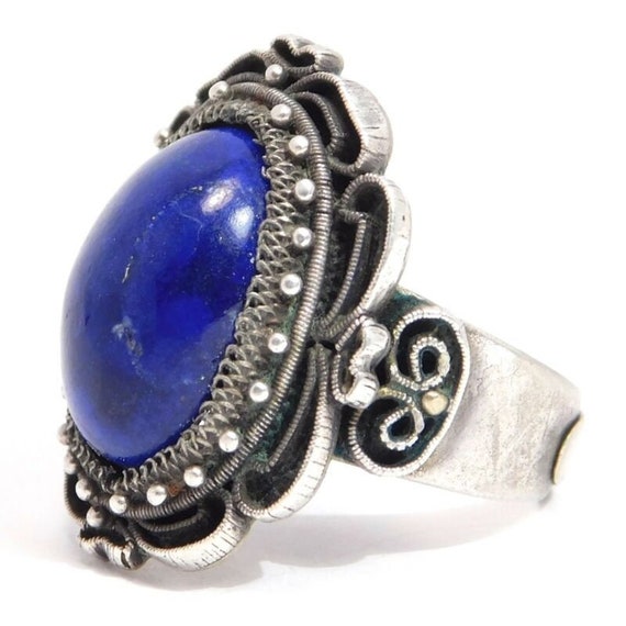 Ornate Old Chinese Lapis Silver Ring