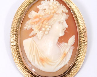 Fine 10k Edwardian Greek Cameo Brooch Pendant Dionysus Thyrsus