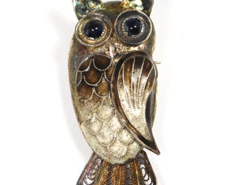 Darling Silver Enamel Cloisonne Filigree Owl Brooch